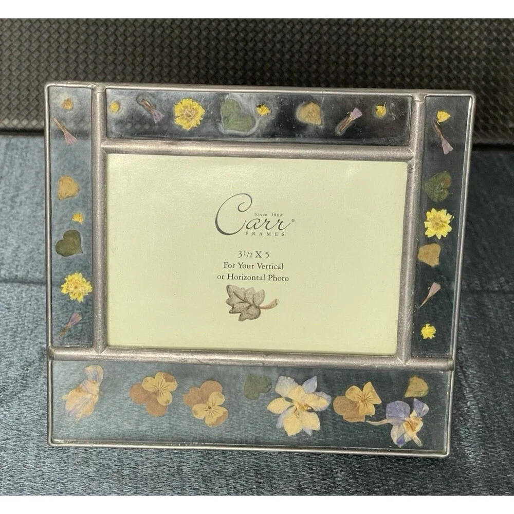 VTG Carr Burnes of Boston‎ Pressed Flowers Leaded Glass Photo Frame for 3.5